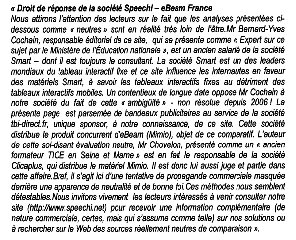 droit de réponse de la société Speechi