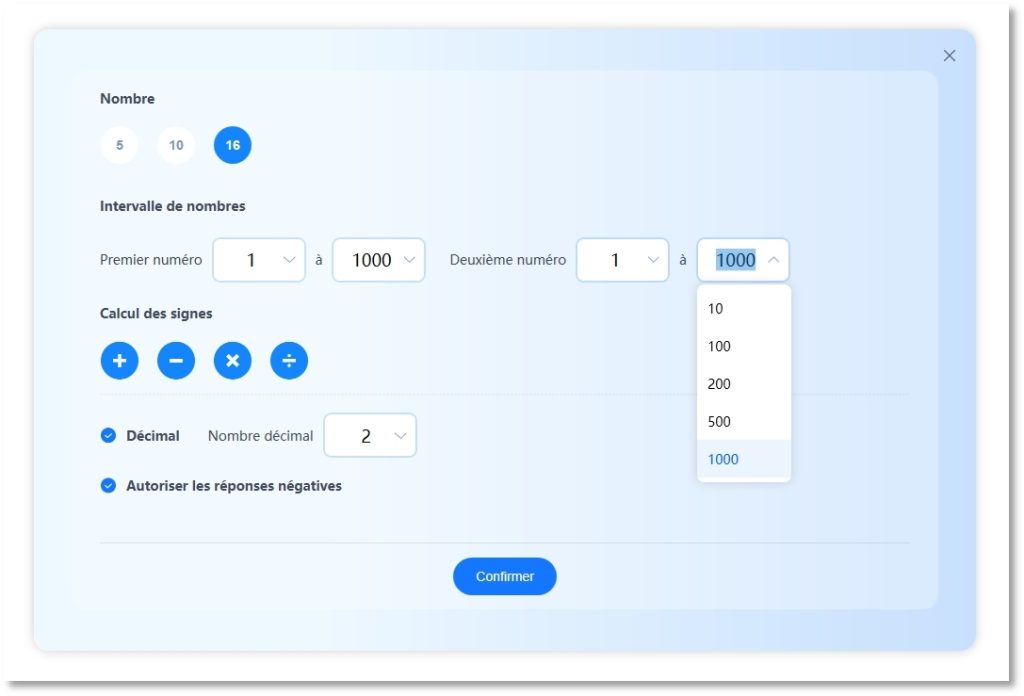 Options des opérations aléatoires d’UboardMate CC. Il est possible de travailler une des quatre opérations, de choisir les valeurs des nombres entrant dans les calculs, l’utilisation de nombres décimaux ou négatifs.